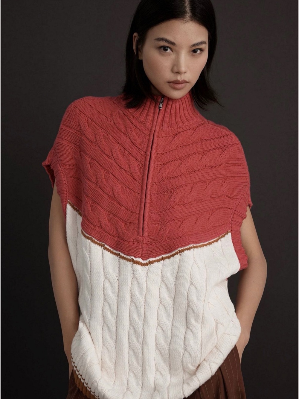 Anthropologie Maeve orange and Cream Cable-Knit Half-Zip Oversized sweater
